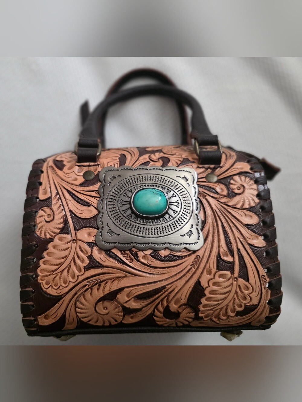 Turquoise Accent Tooled Leather Satchel - Women’s Brown & Tan Bag